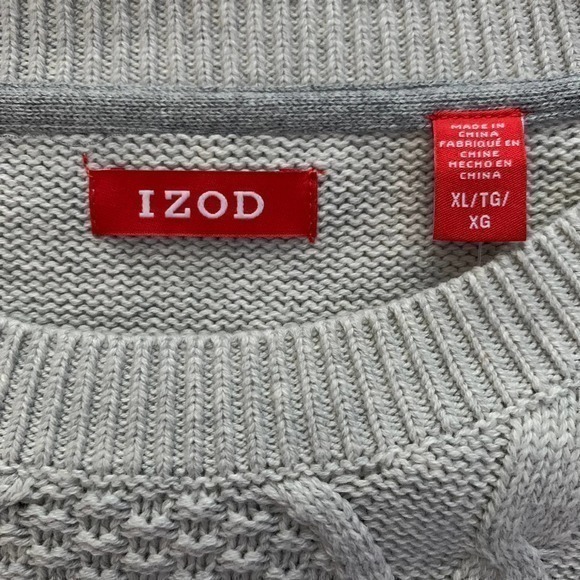 IZOD Sweater Light Grey Cotton Cable Knit Preppy Irish Ski Crew Neck- NWT - Picture 11 of 13
